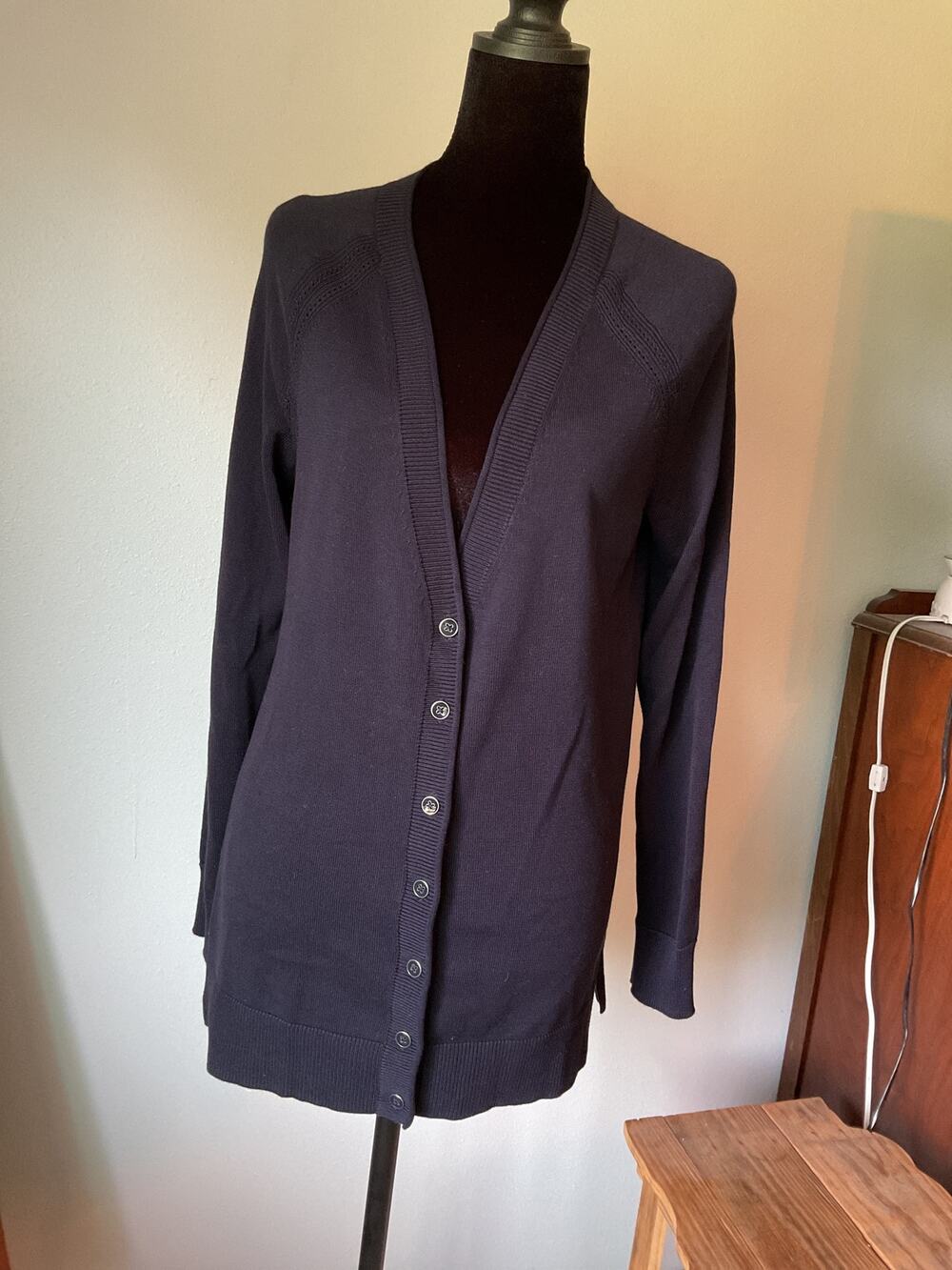 Talbots NWT Navy  Cardigan Sweater Button Front Curved High Low Hem Size S